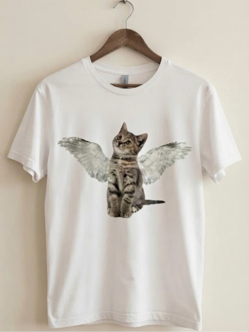 Gildan White Tee with Angel Wing Tabby Kitten Graphic | Unisex Shirt